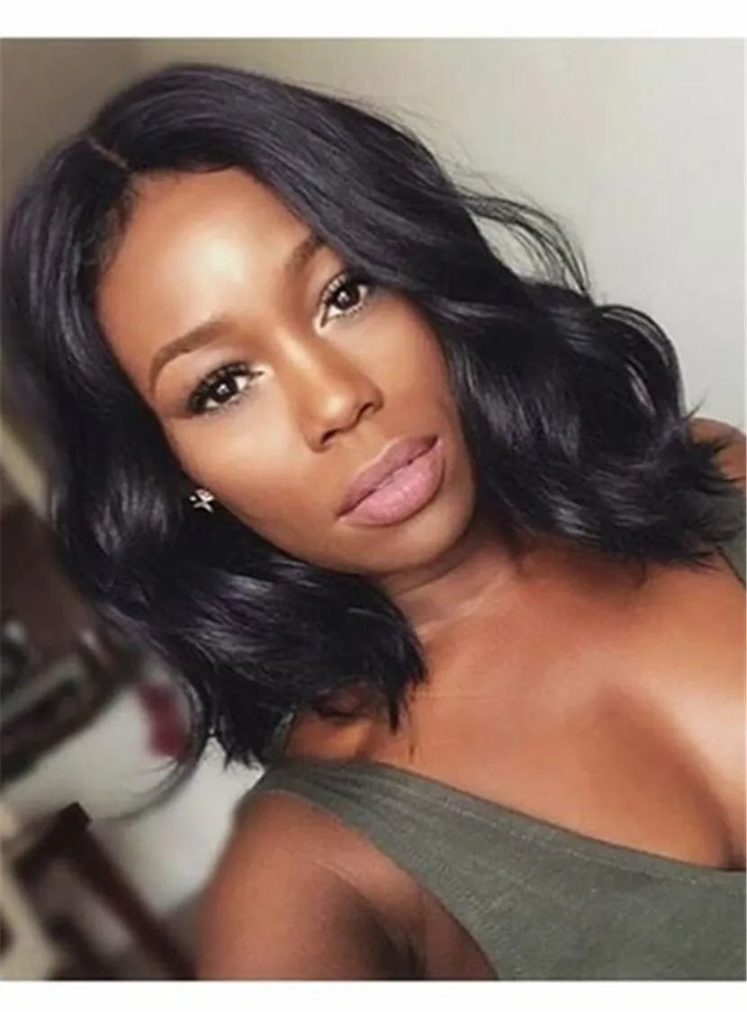 Peluca de encaje frontal sintética con cabello ondulado oscuro a media melena, natural, encantador, de 12 pulgadas, para mujeres afroamericanas.