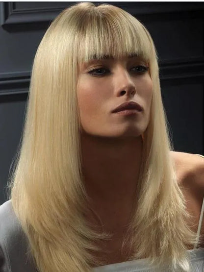 Full Lace Wig Long Straight Blonde Wig with Bang 100% Remy Human Hair 16 Inches