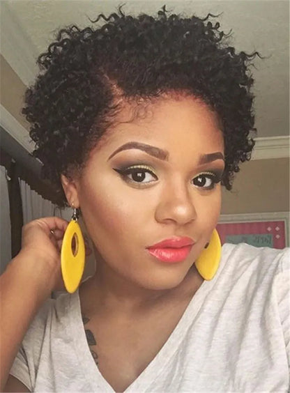 Pixie Kinky Curly kurzes, natürliches schwarzes Kunsthaar für runde Gesichter Lace-Front-Kappe African American Perücken 15 cm