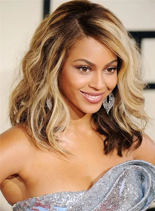 Beyonce Wavy Lob Frisur Mittellange Echthaarperücke mit voller Spitze 14 Zoll