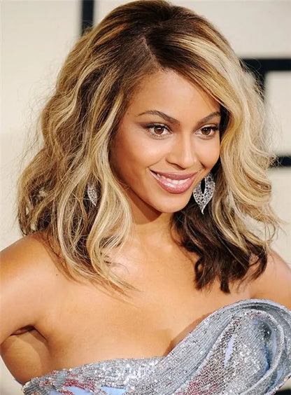Beyonce Wavy Lob Frisur Mittellange Echthaarperücke mit voller Spitze 14 Zoll
