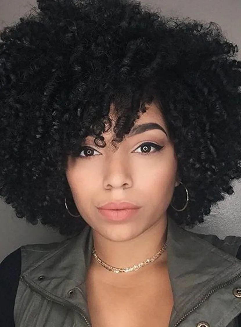 Peluca sintética rizada suelta de longitud media en capas, estilo afroamericano para mujeres afroamericanas, sin gorra, 35,5 cm
