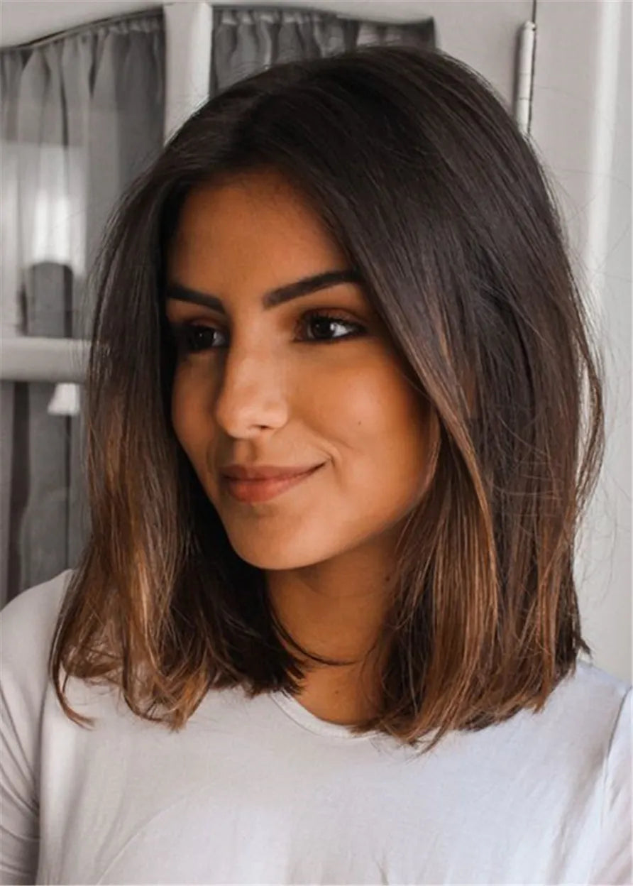 Medium Natural Straight Human Hair Women Wig