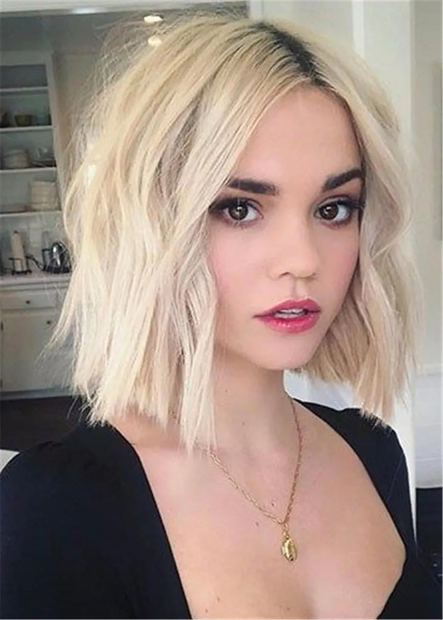 Blonde Bob Mittelscheitel Gewellte Echthaarperücke 12 Zoll
