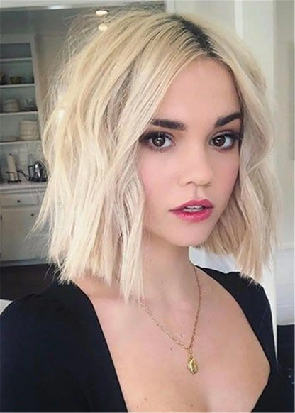 Blonde Bob Mittelscheitel Gewellte Echthaarperücke 12 Zoll