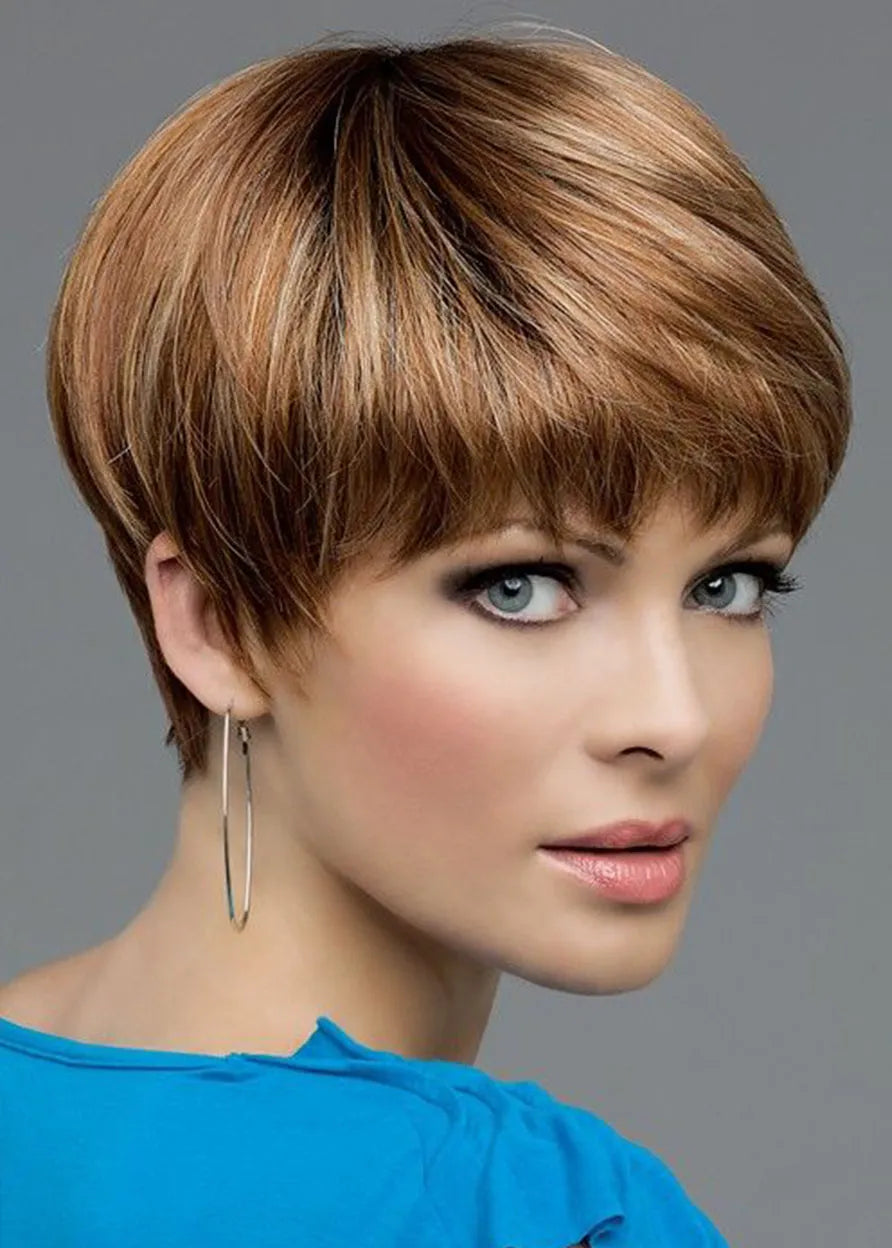 Braune kurze Pixie-Perücke für Damen, 100 % Echthaar, glatt, Lace-Front, 10 Zoll