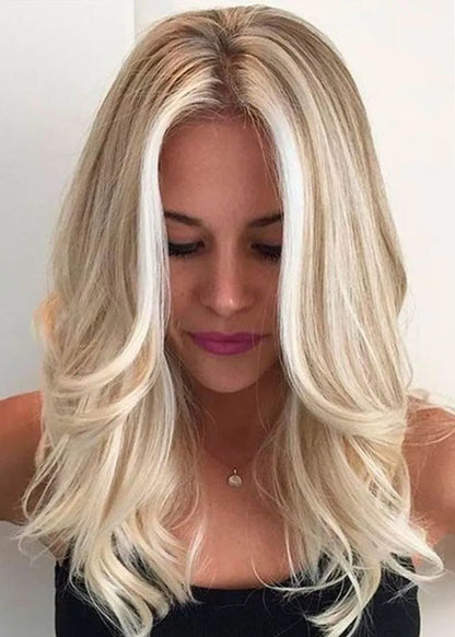 Women's Medium Hairstyles Middle Part Wavy Synthetic Hair Lace Front Wigs 22Inch