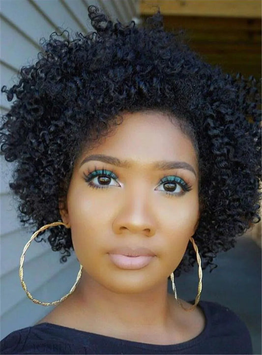 Pelucas sin gorra de cabello humano rizado y encrespado corto afroamericano de 10 pulgadas