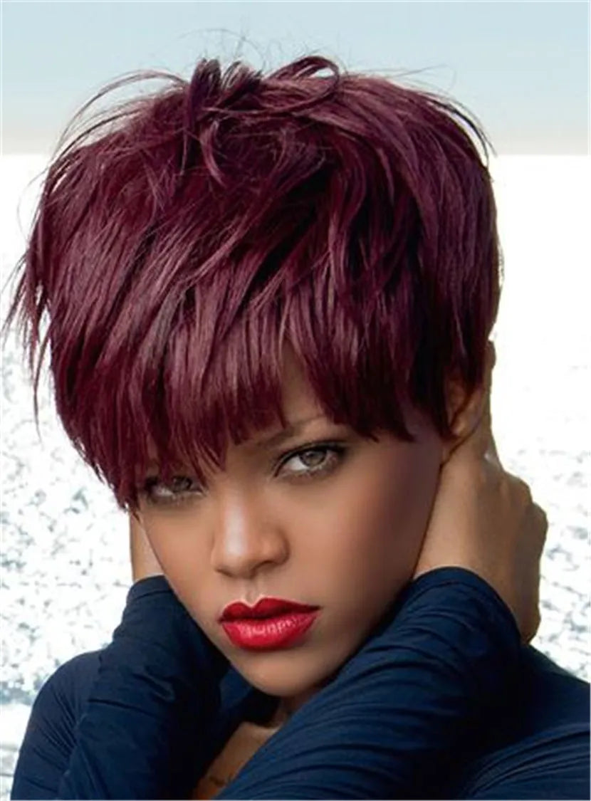 Rihanna Pixie Kurze Glatte Echthaar-Perücke (Capless) 6 Zoll