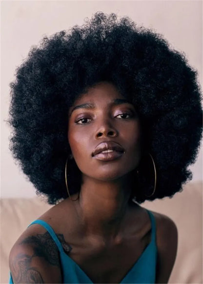 Peluca Afro Rizada Sintética Sin Gorra para Afroamericanas