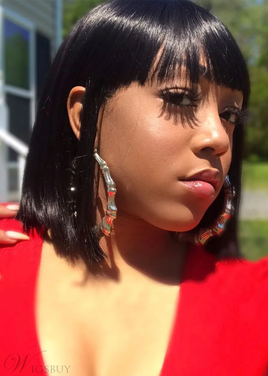 Afroamerikanische Frauen Kurze Glatte Haare mit Vollpony Kappenlose Kunsthaarperücke