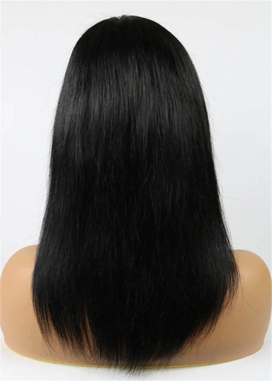 Peluca de cabello humano única, de 12 pulgadas, lisa media con flequillo completo, sin gorra