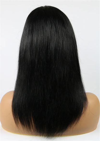 Peluca de cabello humano única, de 12 pulgadas, lisa media con flequillo completo, sin gorra