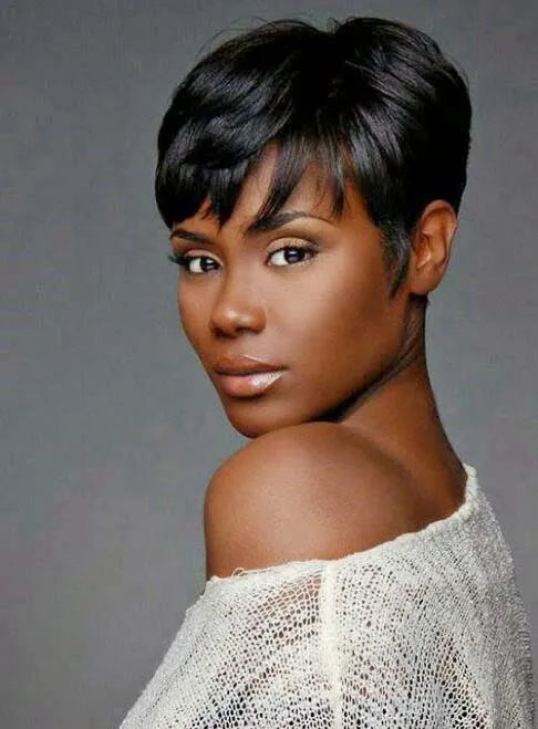 Pelucas sin gorro de cabello humano liso y corto Pixie para afroamericanas
