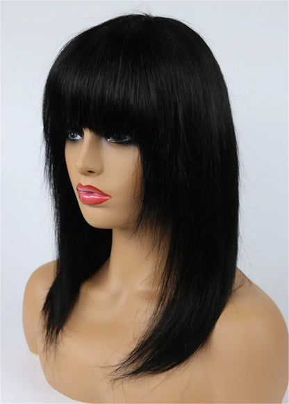 Peluca de cabello humano única, de 12 pulgadas, lisa media con flequillo completo, sin gorra