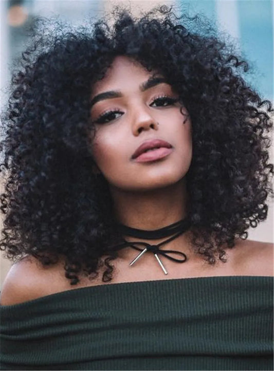 Pelo humano negro natural rizado y encrespado, de onda de agua mediana, para mujer afroamericana con cara redonda, sin gorra, 14 pulgadas