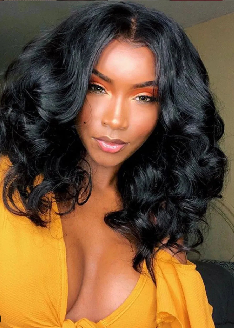 Mittellange Frisuren Damen 100% Echthaar Body Wave Lace Front Perücken 14 Zoll