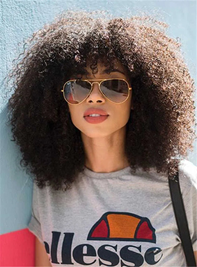 Pelucas sin gorro de cabello sintético, rizado natural, afroamericano, de 14 pulgadas