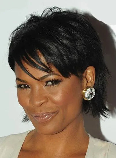 Nia Long Geschichtete kurze glatte Echthaarperücke, keine Kappe, 10 Zoll
