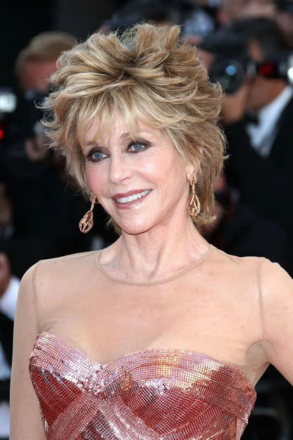 Jane Fonda Mixed Colour Deluxe lovely Short Wavy 100% Real Human Hair Wig 8 Inches