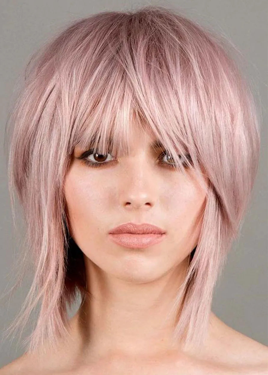 Pelucas sin gorro de pelo sintético liso con flequillo para mujer, estilo corto y despeinado, 10 pulgadas