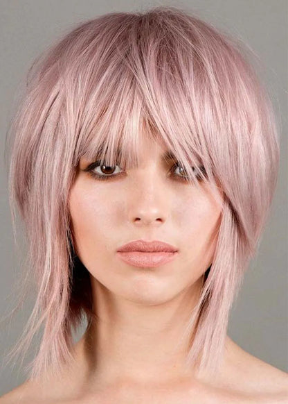 Pelucas sin gorro de pelo sintético liso con flequillo para mujer, estilo corto y despeinado, 10 pulgadas