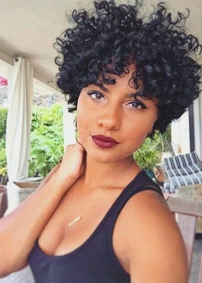 Naturgetreu aussehende kurze, tief gelockte, kappenlose Kunsthaarperücken für afroamerikanische Frauen 8 Zoll