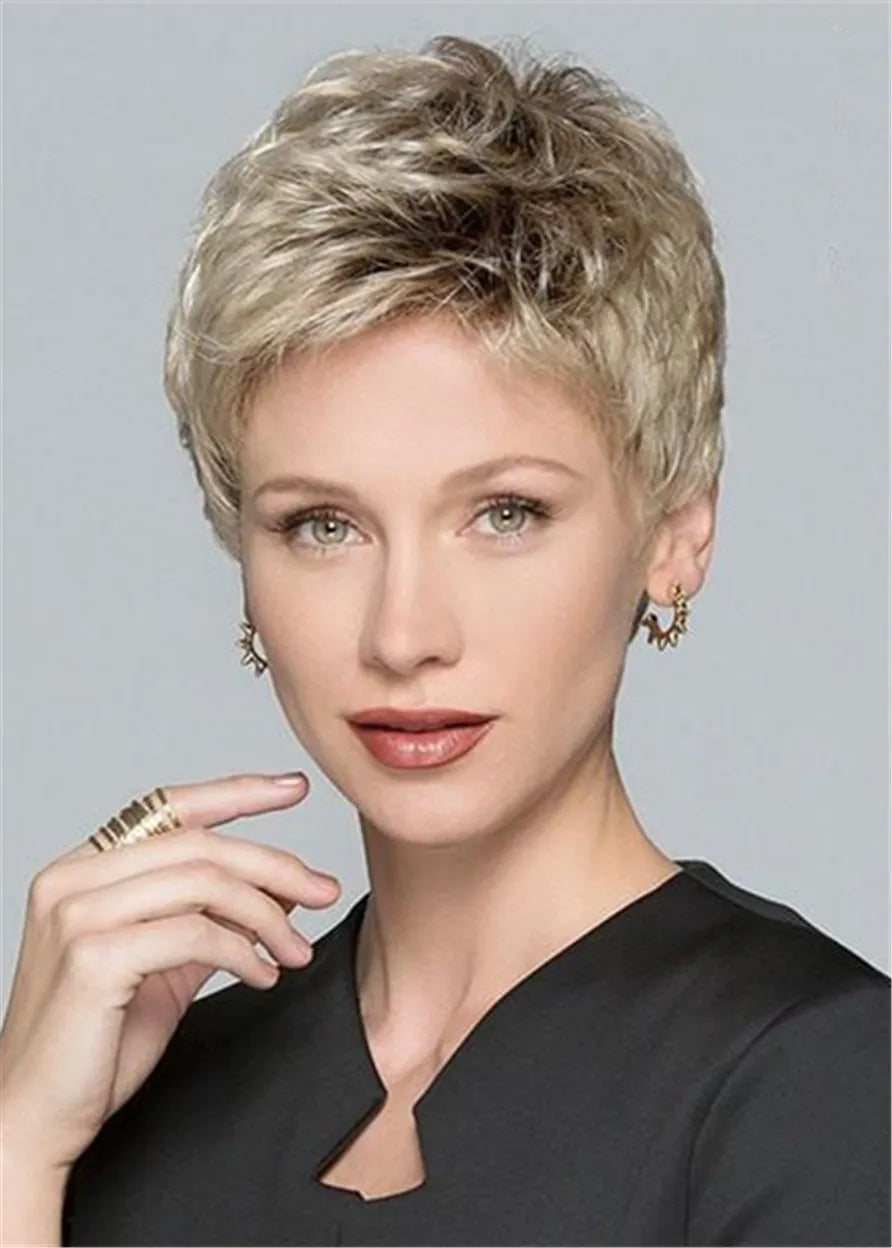 Pelucas de encaje frontal de mezcla de cabello humano natural, corto, en capas, para mujer, de 6 pulgadas