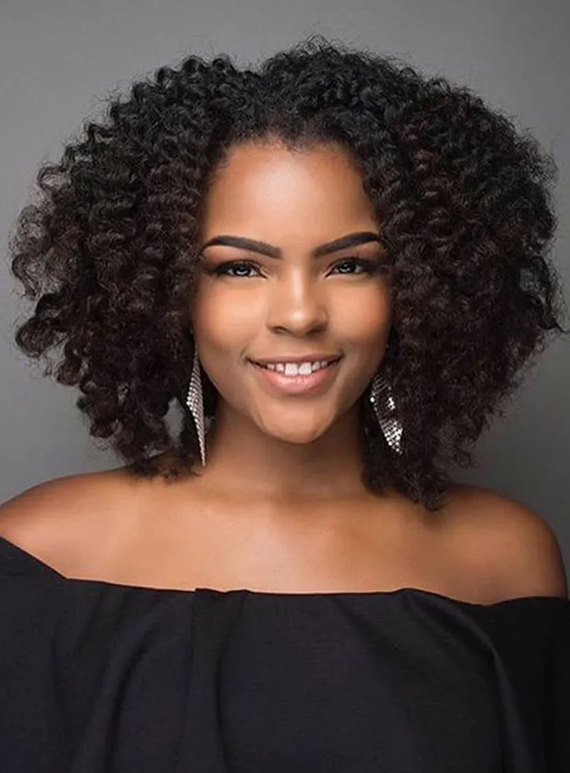 Center Part Natural Black Synthetic Hair Medium Kinky Curly Lace Front Wigs 12 Inches