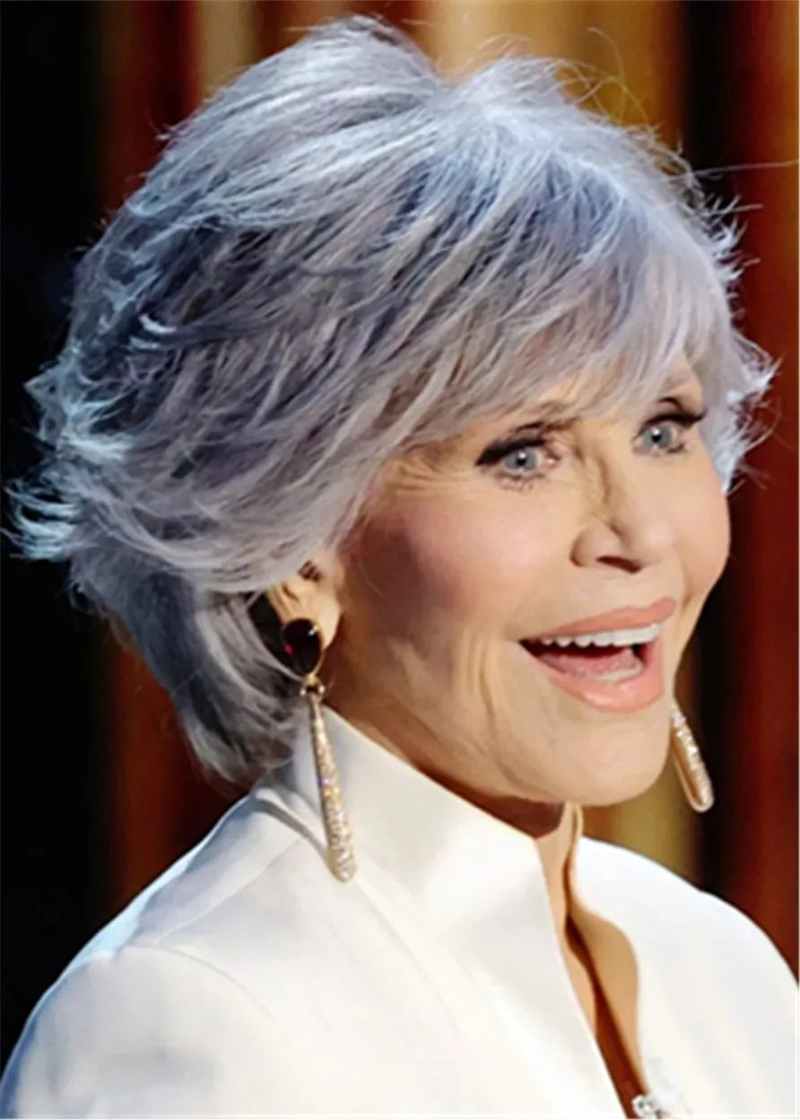 Peluca Jane Fonda Ondulada Gris Pelo Humano Con Flequillo Sin Gorro 14 Pulgadas