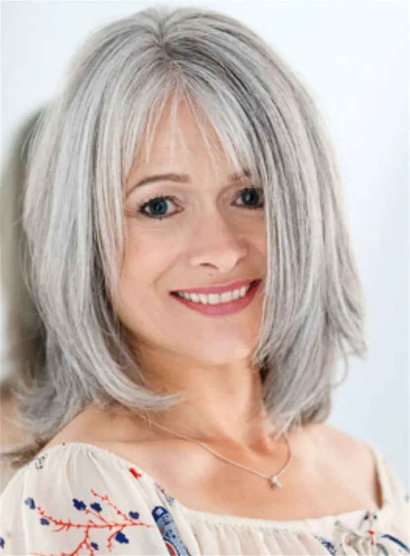Pelucas sin gorro de pelo sintético liso en capas de largo medio, sal y pimienta, para mujeres mayores