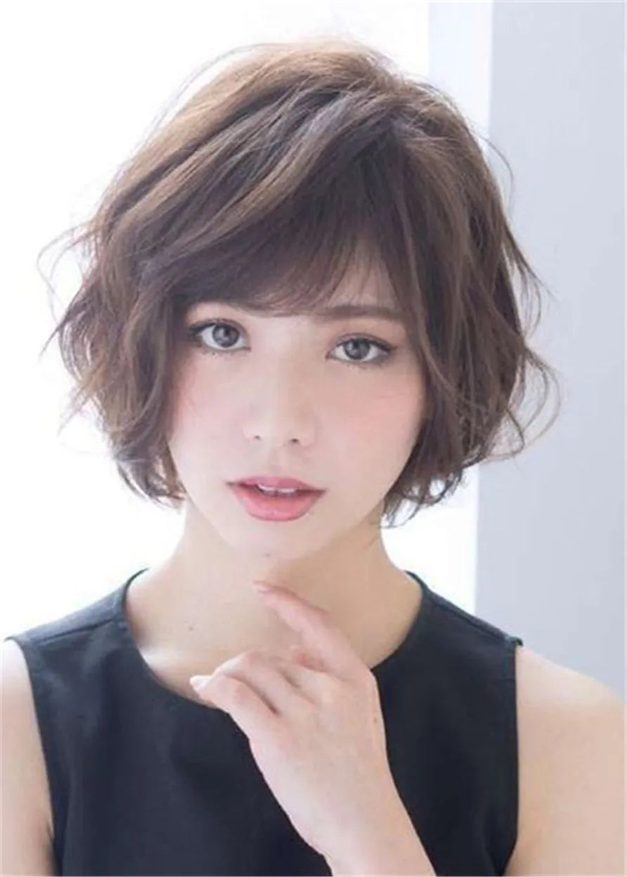 Japanischer Stil Bob Wavy Echthaar Lace Front Perücke mit Pony 12 Zoll