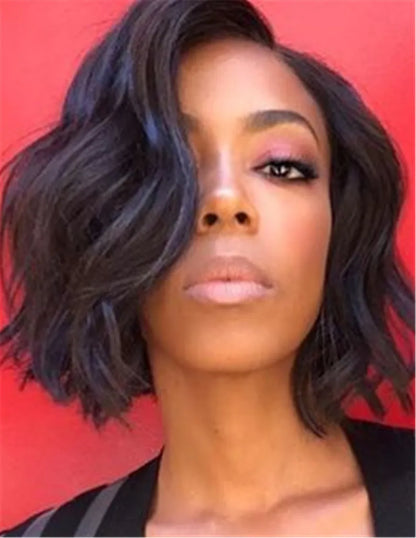 Encantador y elegante peinado Bob ondulado, pelucas afroamericanas sintéticas de encaje frontal de color marrón oscuro de 10 pulgadas