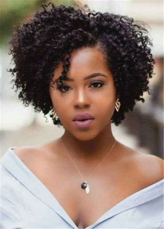 Peluca rizada y crespa de pelo sintético mediano afroamericano para mujeres de color