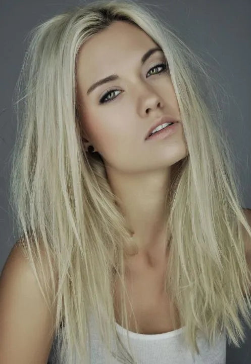 America Next Model Laura James Messy Hairstyle Long Straight Blonde Lace Front 100% Human Hair Wigs 18 Inches