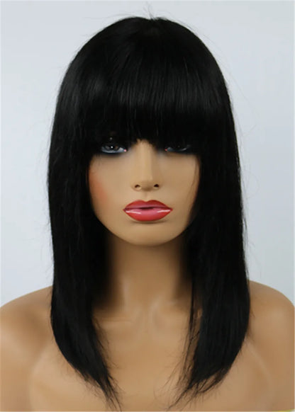 Peluca de cabello humano única, de 12 pulgadas, lisa media con flequillo completo, sin gorra