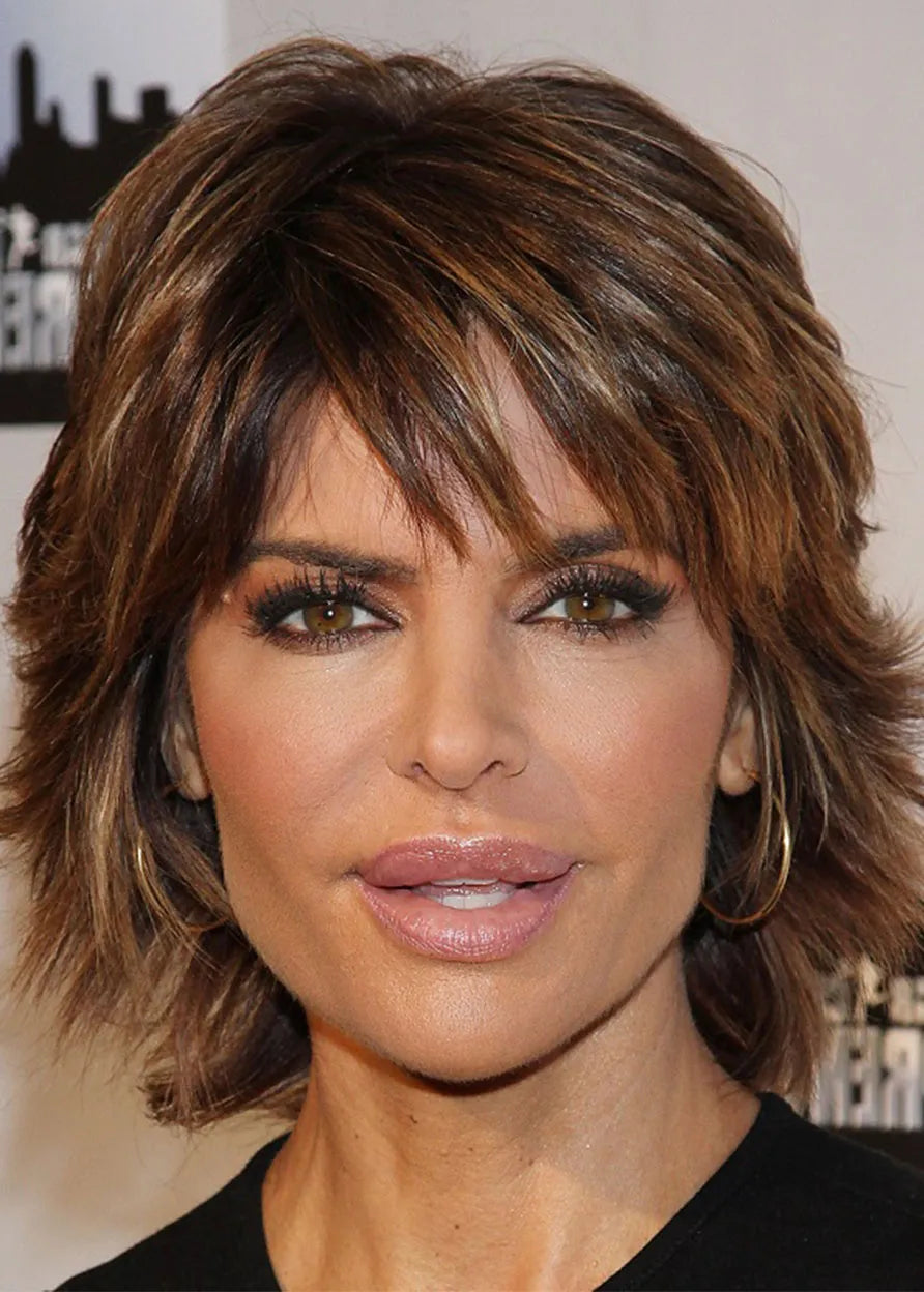 Lisa Rinna Stil Damen Kurze Zottelige Glatte Echthaarperücken Lace Front Perücke 16 Zoll