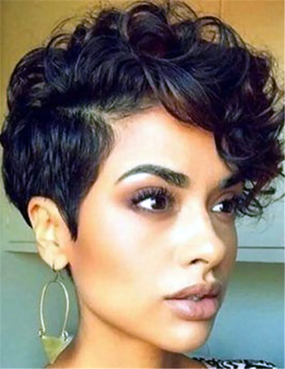 Peluca sintética capless corta rizada sexy tipo pixie de 6 pulgadas para mujer afroamericana