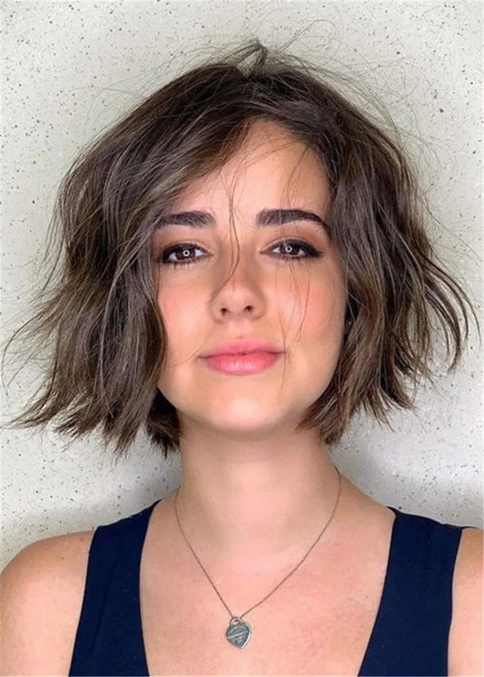 Kurze Bob-Perücke aus Echthaar, gewellt, gestuft, mit Lace Front, 30 cm