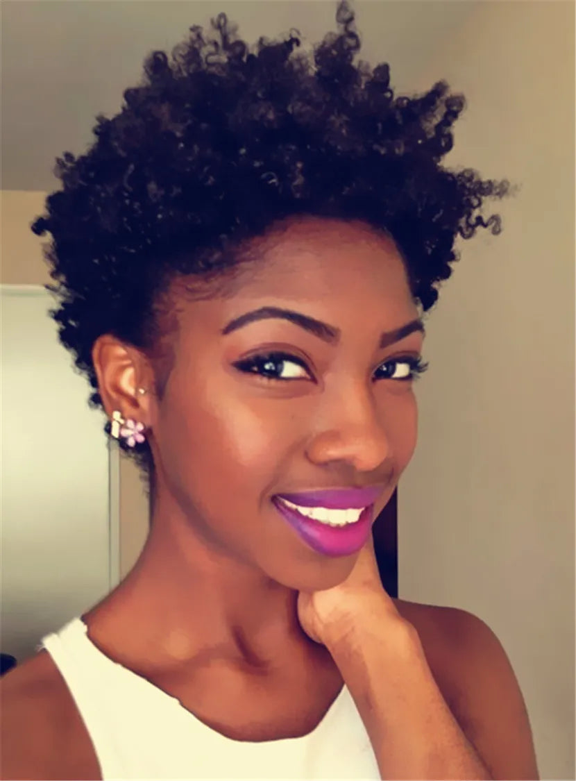 Peluca rizada corta, sintética, con encaje frontal, estilo "Pixie Boycut" desordenado y esponjoso, de 8 pulgadas, para mujer afroamericana